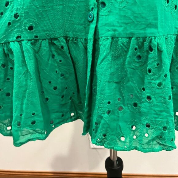 Green Eyelet Button-Up long sleeve mini Dress - Picture 5 of 10